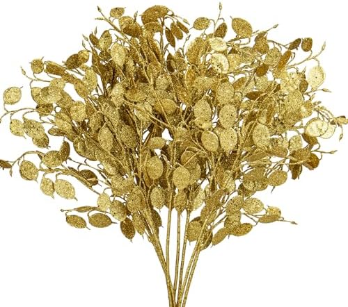 Oairse 8 Pcs Gold Glitter Christmas Tree Picks & Sprays, 26.8" Glitter Eucalyptus Leaves Stems for Christmas Tree Filler Branches Wreaths Centerpieces Holiday Decorations by Oairse