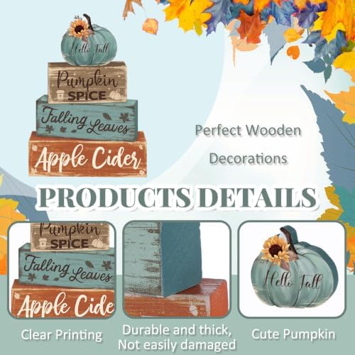 4 Pcs Fall Teal Decor for Home Fall Pumpkin Wooden Sign with Sunflower - Image 3