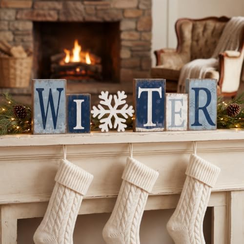 Threehoney 6 Piece Winter Wood Block Decor, Blue and White Winter Letter Sign with Snowflake, Rustic Wooden Tabletop Decorations for Shelf Mantel Tiered Tray Home Decor - Image 4