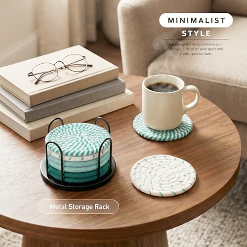 Lazebox Coasters Set of 8 for Drinks, 4 Inch Large Coasters for Coffee Table, Tabletop Protection for Hot & Cold Drinks, Versatile Coasters for Home Decor, Non-Slip & Easy to Clean, Green - Image 2