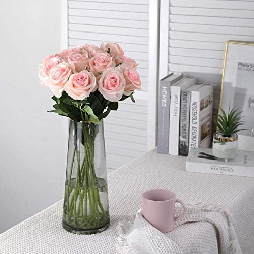 10pcs Light Pink Roses Artificial Flowers, Realistic Faux Rose with Stem - Image 2