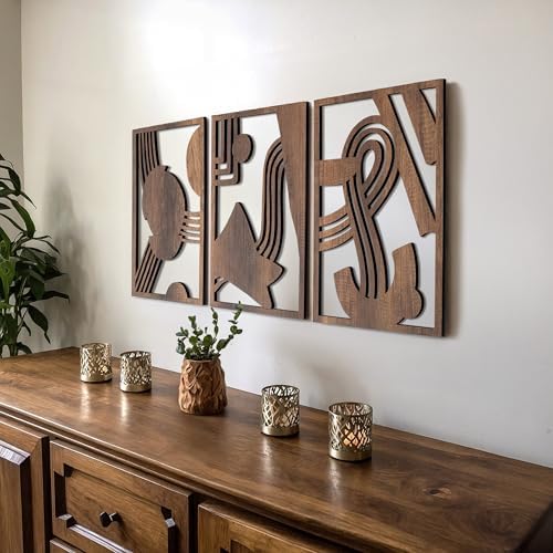 qmmp Modern Wooden Wall Sculptures - Set of 3 - Home Decor Accent - Large Wall Art for Living Room, Bedroom, Office - Easy Installation (Walnut, Medium - Abstract Shapes) by qmmp