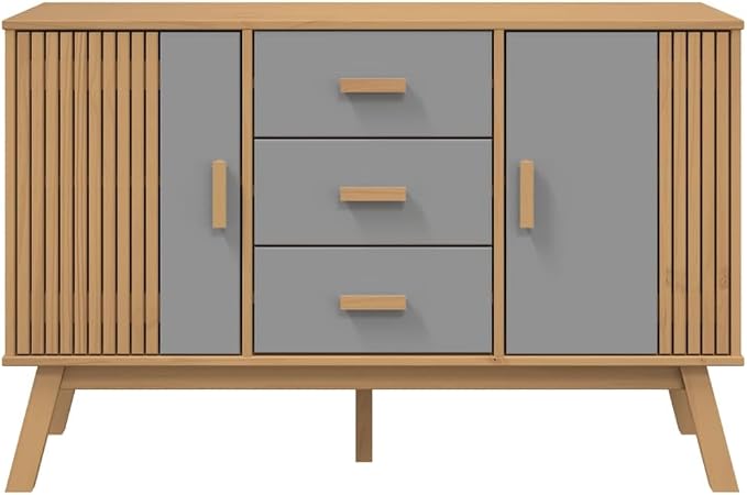 Grey and Brown Sideboard with 3 Drawers and 2 Cabinets Solid Pine Wood - Image 8
