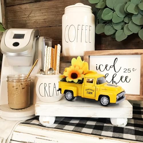 Sunflower Vintage Metal Truck Mini Metal Farm Truck Decor with Sunflower Bouquet Farmhouse Rustic Pickup Tiered Tray Decor for Home Kitchen Shelf Table Decor Yellow - Image 5
