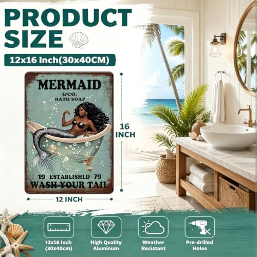 Funny Mermaid Company Bath Soap Metal Signs Wash Your Tail Sign Vintage Tin Sign Wall Decor Retro Tin Signs for Room Living Room Bathroom Toilet Hotel 12x16 Inch - Image 2