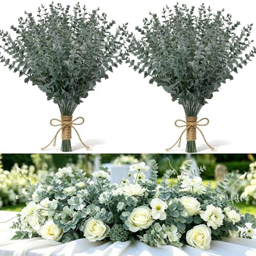 100 Pcs Eucalyptus Stems Artificial Eucalyptus Leaves Stems,Fake Eucalyptus Plants Real Touch Faux Eucalyptus Garland for Office Flowers Bouquet,Table Centerpieces,Wedding,Garden Decoration,Home Decor by %E3%80%90Qutciiv%E3%80%91