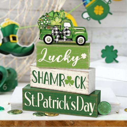 Marsui 4 Pcs St Patrick's Day Table Decorations Green Shamrocks Wooden Signs Block Farmhouse Irish Tiered Tray Decor Rustic St. Patrick's Day Table Centerpieces for Home Office Desk Shelf Mantel Decor - Image 2
