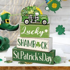 Marsui 4 Pcs St Patrick's Day Table Decorations Green Shamrocks Wooden Signs Block Farmhouse Irish Tiered Tray Decor Rustic St. Patrick's Day Table Centerpieces for Home Office Desk Shelf Mantel Decor - Image 2