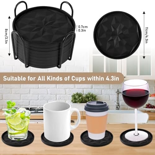 OIAHOMY 8 Pcs Coasters with Holder for Beer, Coffee, Silicone Coaster Set for Table Decor for Kitchen, Bar, Dining Room, Living Room, Housewarming Gifts - Black - Image 2