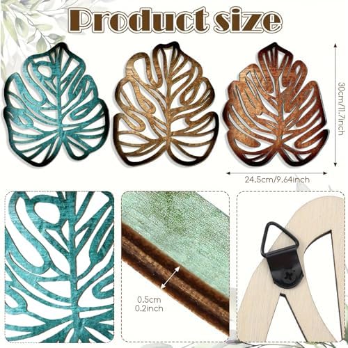 Palm Leaves Wood Wall Decor , 3Pcs Tropical Wall Art Jungle Decor, Wooden Natural Leaves Plant Wall Decor, Vintage Tropical Plant Plaque for Home Living Room Kitchen Bedroom Bathroom & Garden, Blue&Brown - Image 5