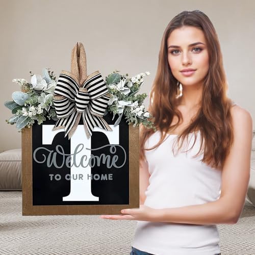Ultra Large 14'' Last Name All Year Round Front Door Wreath with 26 Initial Letter Welcome Sign All Seasons Eucalyptus Garland and Bow Wreaths for Front Door Porch Farmhouse Decoration (T) by Unknown
