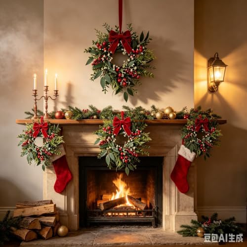 6 Pcs Mini Christmas Wreaths for Cabinets 9" Christmas Kitchen Cabinet with Burgundy Red Berry Eucalyptus Leaves Bow for Indoor Outdoor Farmhouse Home Wall Window Festival Wedding Decor - Image 6