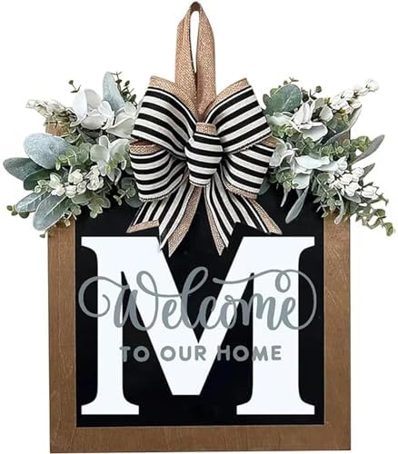 Last Name Porch Decor, Welcome Sign, 26 Letter Wreaths for Front Door, Spring & All Seasons Monogram (M) by ELEFOCUS