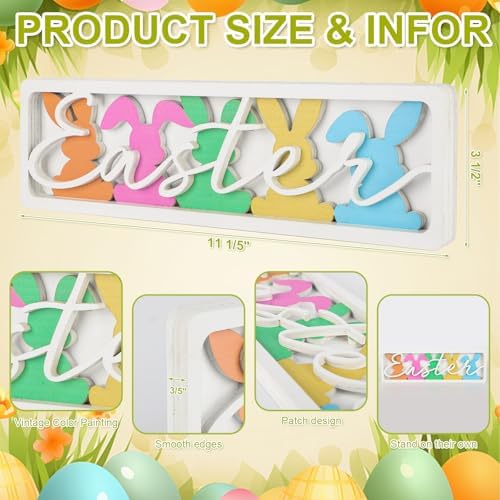 Vintage Happy Easter Decorations for Office, Home, Table, Mantel, Shelf, Desk, 3 1/2 x 11 Inch Retro Bunny Sign, Wooden Spring Bunnies Decor Sign, Farmhouse Pink Decoration (Colorful Bunnies) - Image 2