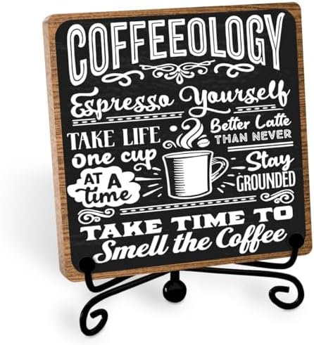 Funny Coffee Bar Decor, 5 x 5 Inch Wooden Desk Sign with Metal Stand by Toerifer