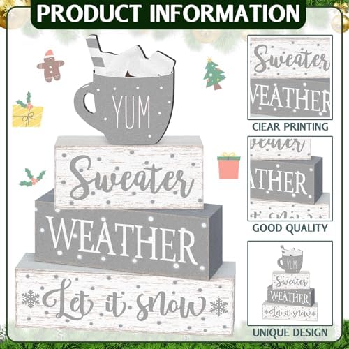 Marsui 4 Pcs Winter Table Decorations Wooden Let It Snow Tiered Tray Decor - Image 4