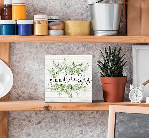 SRADMO Inspirational Botanical Eucalyptus Leaves Wood Box Sign Desk Decor, Green Rustic Eucalyptus Leaves Wooden Block Box Sign Decor for Home Office Shelf Table Decorative Accessories - Image 4