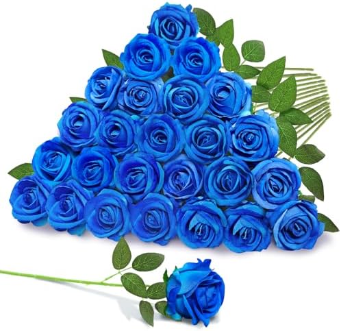 22 Pcs Artificial Blue Roses with Stems - Velvet Faux Flowers Bulk for Wedding Home Decor (Blue) by Mandarooker