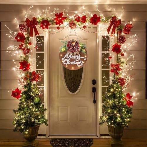 HOMCDALY Merry Christmas Sign for Front Door, Wooden Hanging Sign Door Decoration with 12 LED Light, Winter Welcome Wreath indoor outdoor Décor, Christmas Decoration. - Image 7