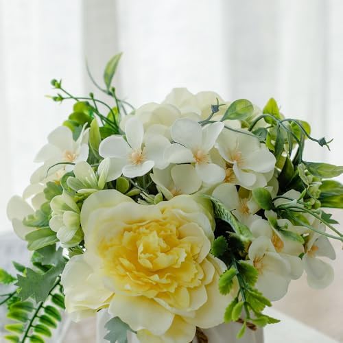 TKAS Fake Flowers Arrangement in Ceramic Vase, Artificial Faux Silk Roses & Hydrangea, Small Realistic Dried-Style Floral Dining Table Centerpiece for Wedding Party Home Decoration (Yellow) - Image 2