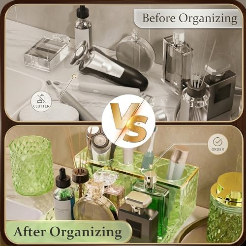 Green Bathroom Accessories Set 5 Pcs, Glass Bathroom Set, Soap Dispenser with Rust Foaming Pump, Soap Dish, Cup, Acrylic Toothbrush Holder Vanity Tray, Cotton Balls Holder, Bathroom Counter Decor - Image 6