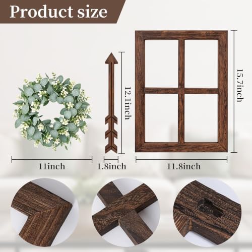 WAKOSAN Rustic Wood Window Frame Wall Decor with Wreath & Arrows, Set of 2 - Image 3