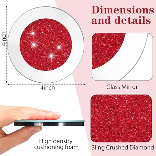 Jetec Mirrored Glass Coaster Set of 6 with 1 Holder 4" Crushed Diamond Round Cup Mat Glitter Crystal Rhinestone Glass Coaster Bling Table Decor for Bar Kitchen Gift for Christmas(Red,4 Inch) - Image 2