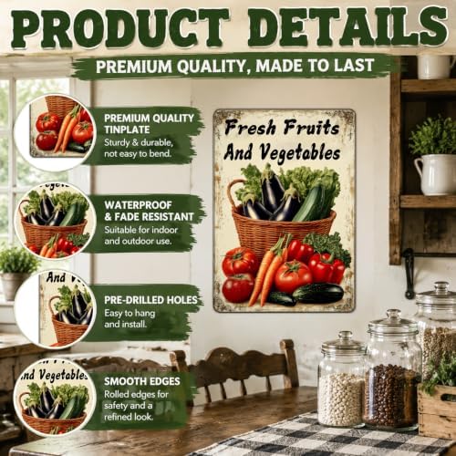 Vegetable Farmers Market Wall Decor Farm Fresh Fruits And Vegetables Metal Tin Sign Funny Retro Home Kitchen Garden Yard Restaurant Decoration 12x8 Inch - Image 3