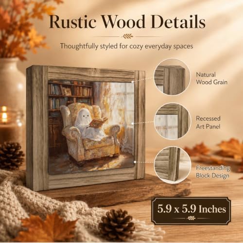 Cute Reading Ghost Wood Plaque Sign, Halloween Farmhouse Shelf Decor 37 - Image 3