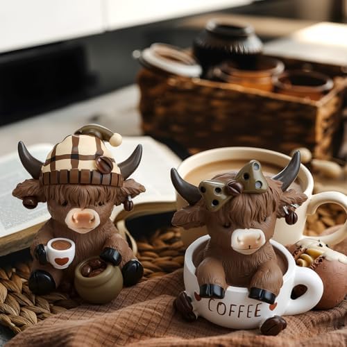 Wesiti 2 Pcs Highland Cow Figurines, Coffee Resin Statue Desk Decor - Image 5