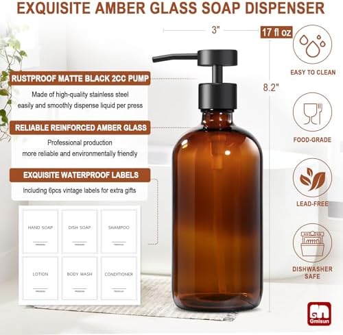 GMISUN Amber Glass Soap Dispenser, 2 Pack Bathroom Hand Soap Dispensers with Stainless Steel Flat Pump, 17 Fl Oz Kitchen Dish Soap Dispenser, Modern Vintage Liquid Brown Soap Dispensers Bottle Set - Image 3