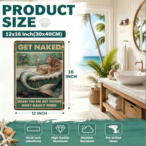 Mermaid Sign Vintage Tin Wall Decor Get Naked Sign Don't Make It Weird Iron Painting Mermaid Poster for Home Living Room Bathroom Toilet Hotel 16x12 Inch - Image 2