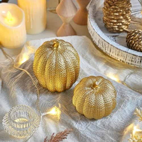 FESTGLOX Pumpkin Fall Decor Indoor, 2Pcs Resin Gold Pumpkin for Decorating - Image 2