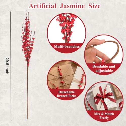 5Pcs Red 29.5" Artificial Jasmine Flowers for Christmas DIY Wreath Decor - Image 2