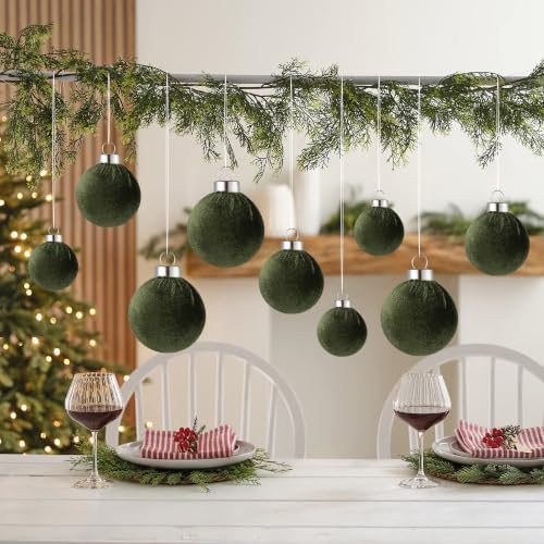 Velvet Christmas Ball Ornaments - 30pcs Flocked Christmas Ornaments Set Shatterproof Classic Hanging Xmas Tree Decorations with Rope for Wreath Holiday Home Decor (Dark Green) - Image 6