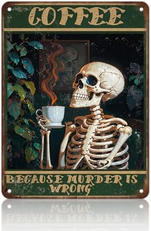 Vintage Coffee Skull Metal Tin Sign Funny Gothic Coffee Bar Wall Decor Retro Skeleton Kitchen Sign for Coffee Nook Cafe Home Restaurant Office Spooky Decor 12x16 Inch by KIYOYOHomeIsOurHappyPlace