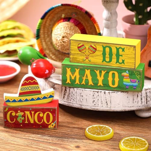Yuntau 4 Pcs Cinco De Mayo Wood Blocks Tiered Tray Tabletop Centerpiece - Image 5