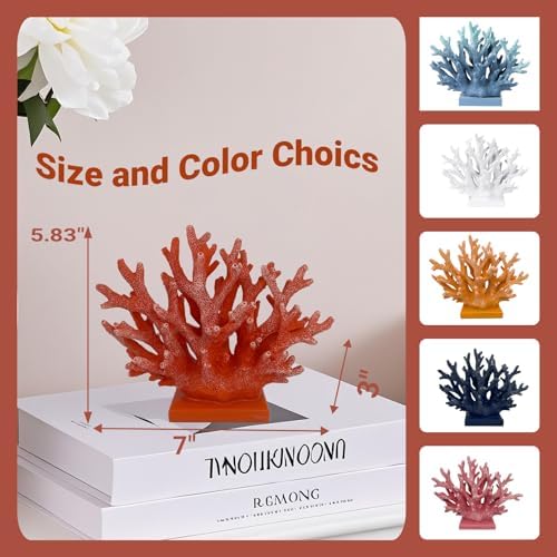 5.8" H Red Orange Coral Decor - Resin Coral Statue, Nautical Decor for Home, Bedroom, Bathroom, Living Room, Ocean Themed Cabinet Shelf Tabletop Decoration - Image 6