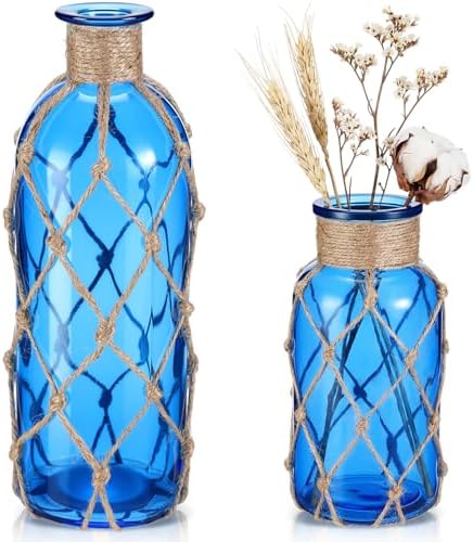 Chuangdi Set of 2 Coastal Glass Flower Vase with Boho Rope, Cobalt Blue by Chuangdi