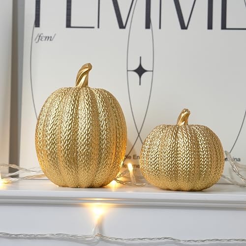 FESTGLOX Pumpkin Fall Decor Indoor, 2Pcs Resin Gold Pumpkin for Decorating - Image 5