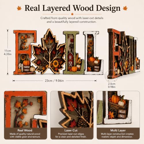 Fall Decorations for Home 2026, 3D Wooden Fall Decor with Harvest Autumn Sign Leaf Pumpkin Scene, Rustic Thanksgiving Tabletop Decor, Vintage Farmhouse Shelf Mantel (Fall Decorations) - Image 2