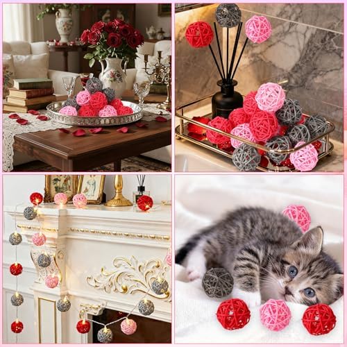 Yaomiao 15 Pcs Decorative Wicker Rattan Ball, 1.8 in, Pink Red Gray - Image 6