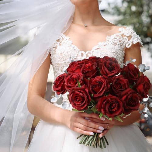 Nubry 10pcs Burgundy Roses Artificial Flowers, Realistic Faux Red Rose - Image 3