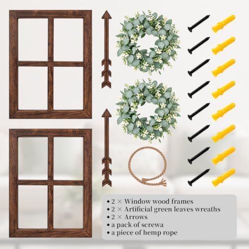 WAKOSAN Rustic Wood Window Frame Wall Decor with Wreath & Arrows, Set of 2 - Image 2
