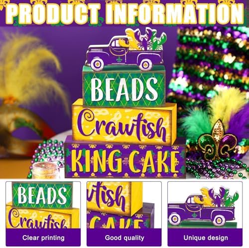 Marsui 4 Pcs Mardi Gras Decorations Mardi Gras Centerpieces Table Decorations Farmhouse Wooden Tabletop Blocks Sign for Home Party Rustic Tiered Tray Shelf Office Carnival Decor - Image 4