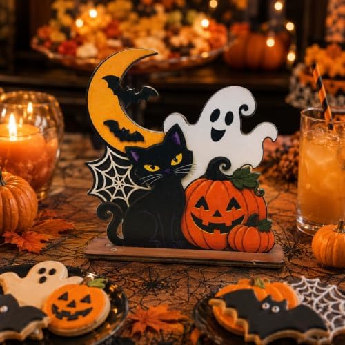 Halloween Wooden Tabletop Decoration, Cute Ghost Pumpkin Black Cat Decor, Spooky Fall Shelf Sign for Home Mantel Desk Office and Halloween Party - Image 5