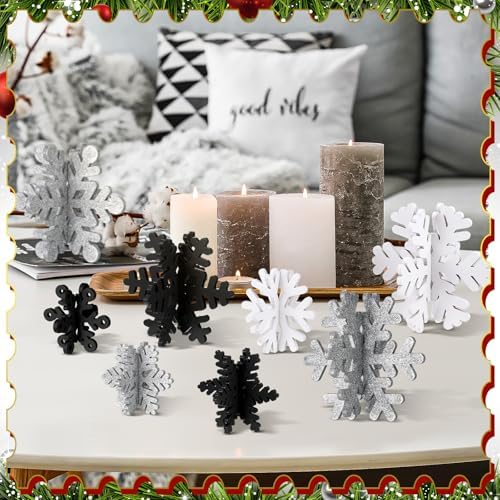 Wenqik 16 Pcs Wooden Snowflake 3D Centerpieces,White, Black, Silver - Image 2