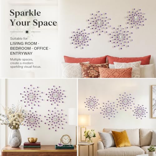 ZEXUIRU 4 Set Silver Starburst Wall Art for Home Decor Metal Bling Crystal Rhinestones Sunburst Wall Decor Sparkling Rhinestone Art Accent Silver - 13 in - Image 6