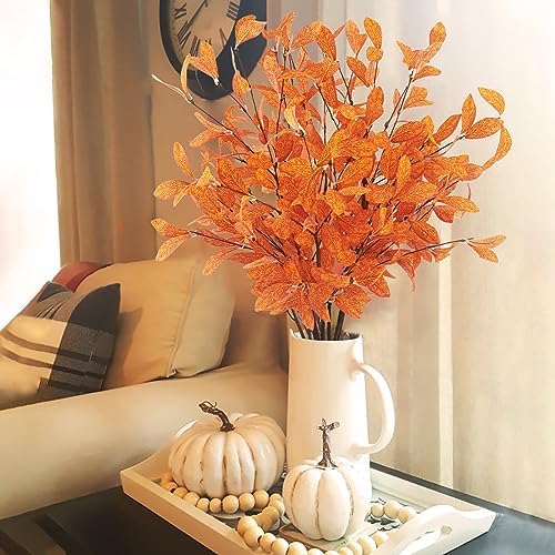 Uieke 6 Pcs Artificial Fall Eucalyptus Stems with Fall Leaves, Orange - Image 4