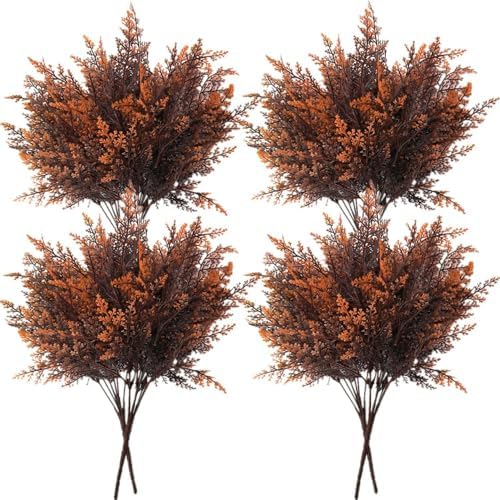 Artificial Ferns Shrubs Bushes, Faux Fern Leaves Plastic Plants Fake Boston Grass for Wedding Bouquet Indoor Outdoor Home Garden Verandah Kitchen Table Centerpieces Arrangements Decoration Red 8 Pack by CATTREE